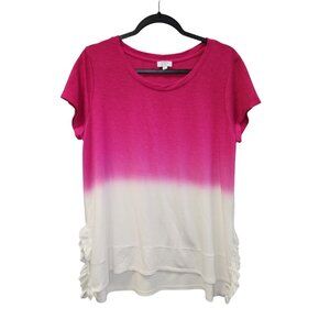 Crown & Ivy Womens L Pink & White Ombre Short Sleeve Ruffle Hem Tunic Top 3525
